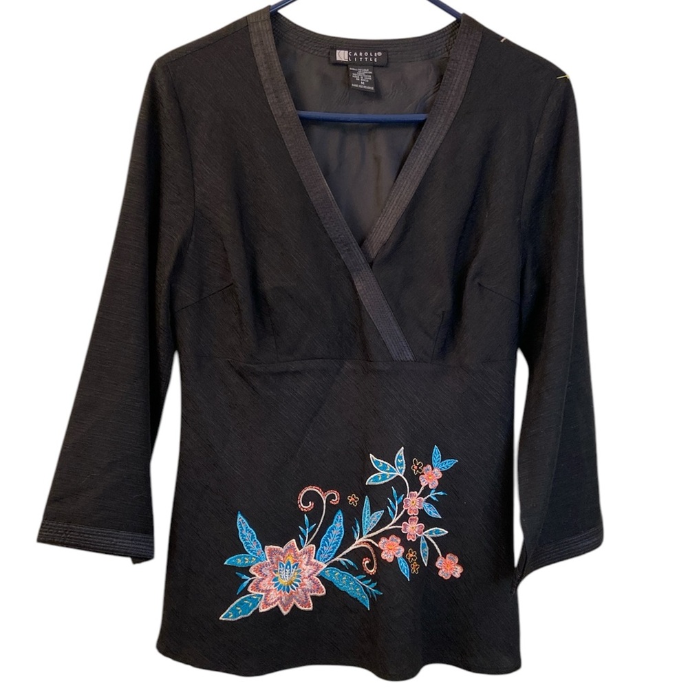 Carole Little Kimono Top Black Embroidered Floral V-Neck Side Zip Silk WM SZ M